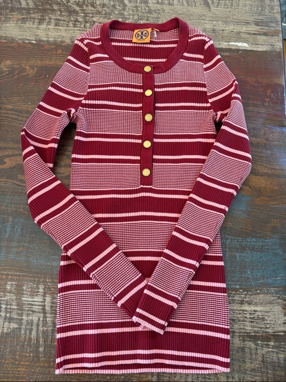 Tory Burch Burgundy & Pink Striped Henley Ribbed Knit Top